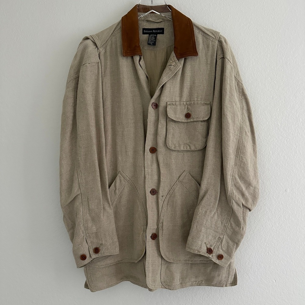 Vtg‎ Banana Republic Safari Jacket Mens XS Beige Linen Leather Collar Field Coat